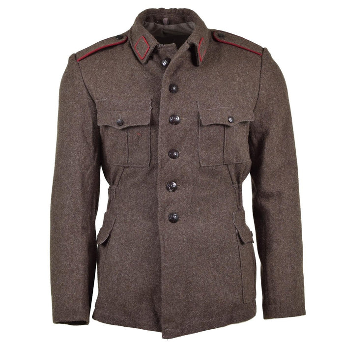 Vintage Bulgarian army wool jacket in grey-brown with military design, button closure, and multiple pockets for durability.