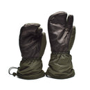 Pair of genuine Danish army trigger finger mittens in olive drab with reinforced leather palms and adjustable cuffs