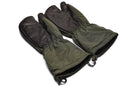 Pair of genuine Danish army trigger finger mittens in olive drab with reinforced leather palms and adjustable cuffs.