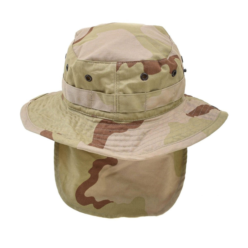 Genuine Dutch army boonie hat in DPM desert camouflage with wide brim and neck flap for sun protection.