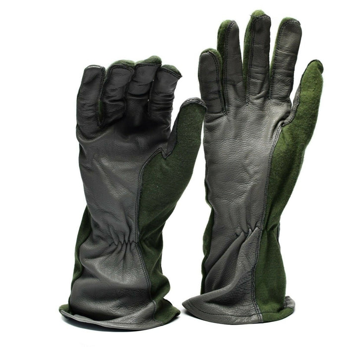 Echte Nederlandse leger AirForce gevechtshandschoenen met leren handpalmen en Nomex aramidevezel voor brandwerende, duurzame bescherming.