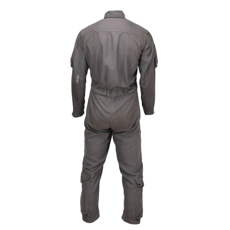 Back view of genuine Dutch Army flyer pilot coverall jumpsuit in military surplus condition with long sleeves and cargo pockets