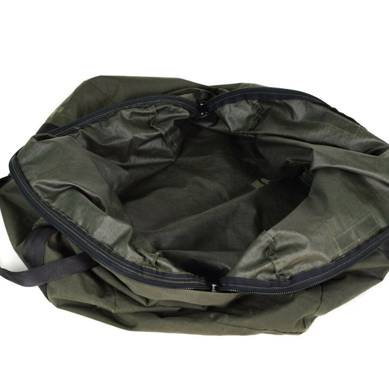 Open Genuine Dutch army olive green sleeping bag carrier pouch with zipper and durable fabric visible interior