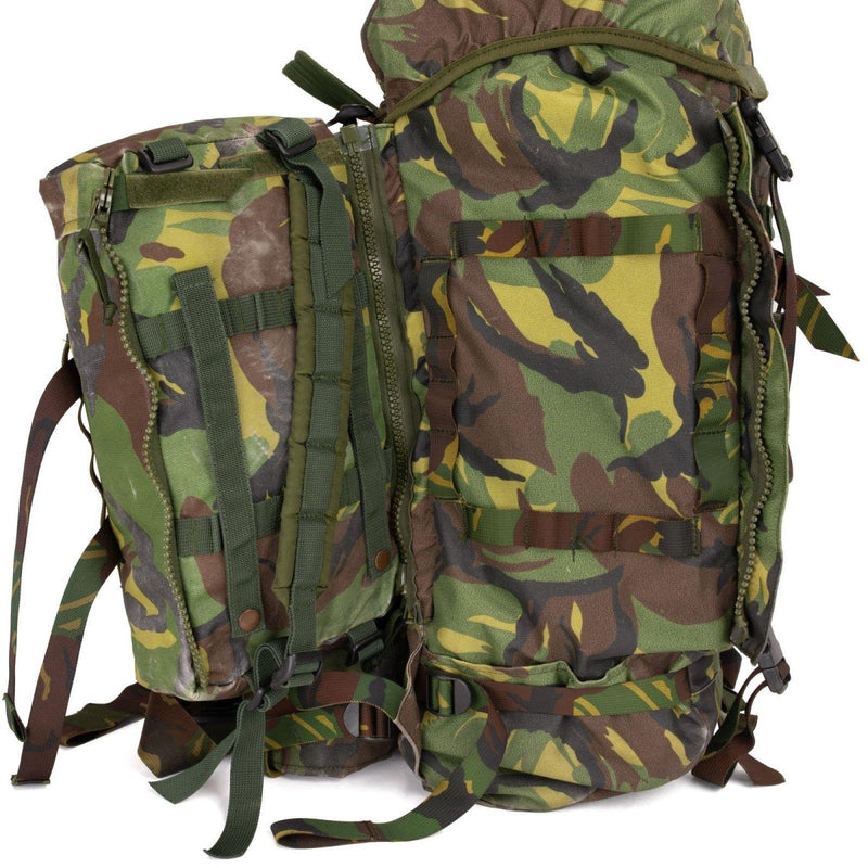 Original Dutch Army 60L DPM woodland camouflage combat rucksack with detachable side pockets and aluminum frame support