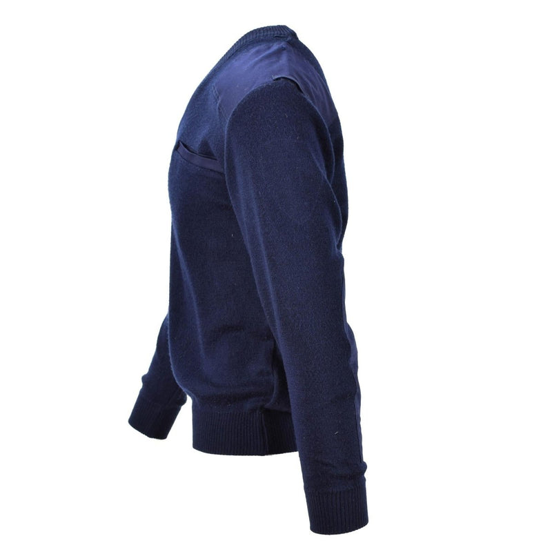 Side view of genuine Dutch army navy blue V-neck military pullover sweater with reinforced shoulders and elbows