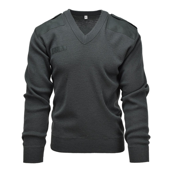 Dark green genuine Dutch army V-neck commando jumper pullover with shoulder patches, military style sweater