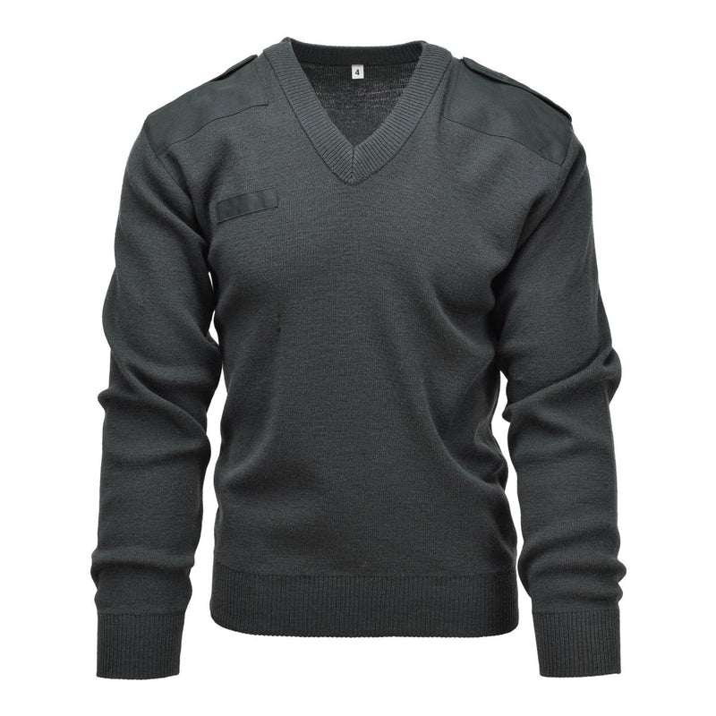 Dark green genuine Dutch army V-neck commando jumper pullover with shoulder patches, military style sweater