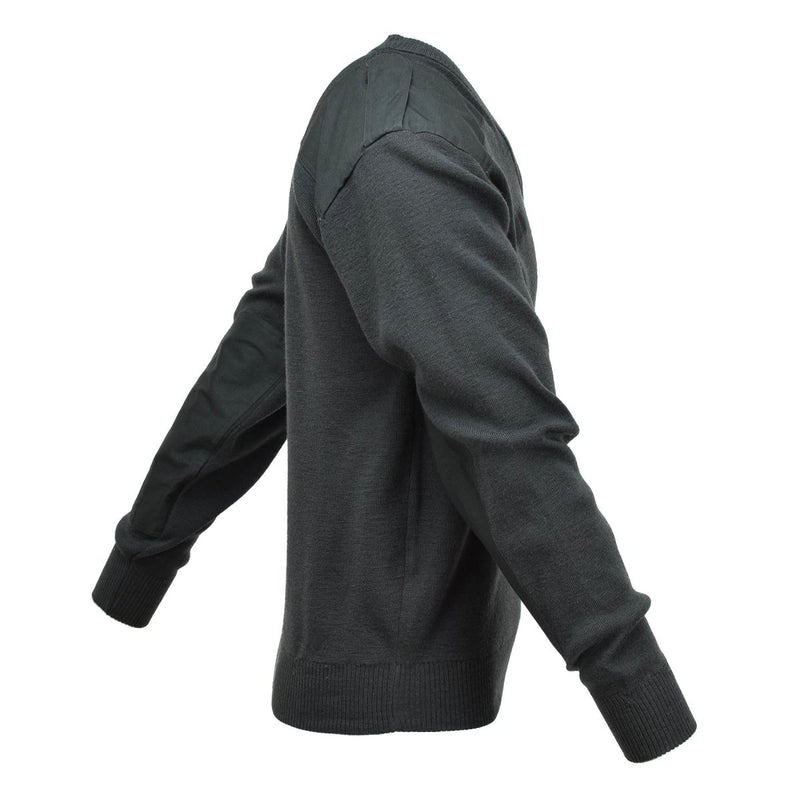 Dark green Genuine Dutch Army commando V-neck sweater pullover with reinforced shoulders and ribbed cuffs.