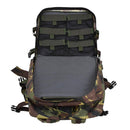 Open genuine Dutch military medic backpack in DPM camouflage showing internal compartments and mesh pockets