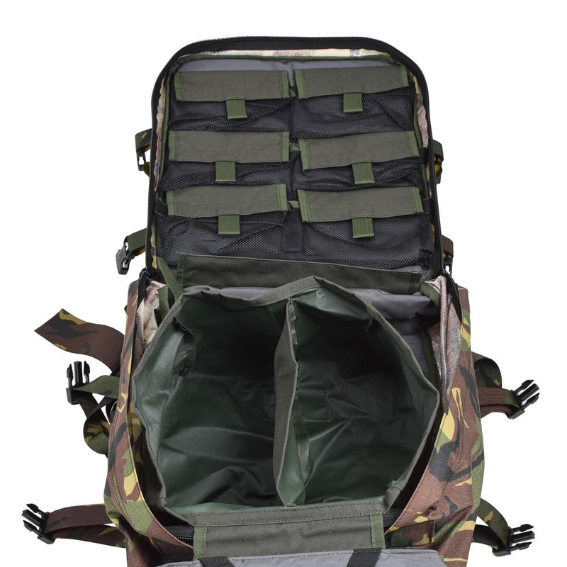 Open genuine Dutch military medic backpack in DPM camo showing organized compartments and waterproof interior lining