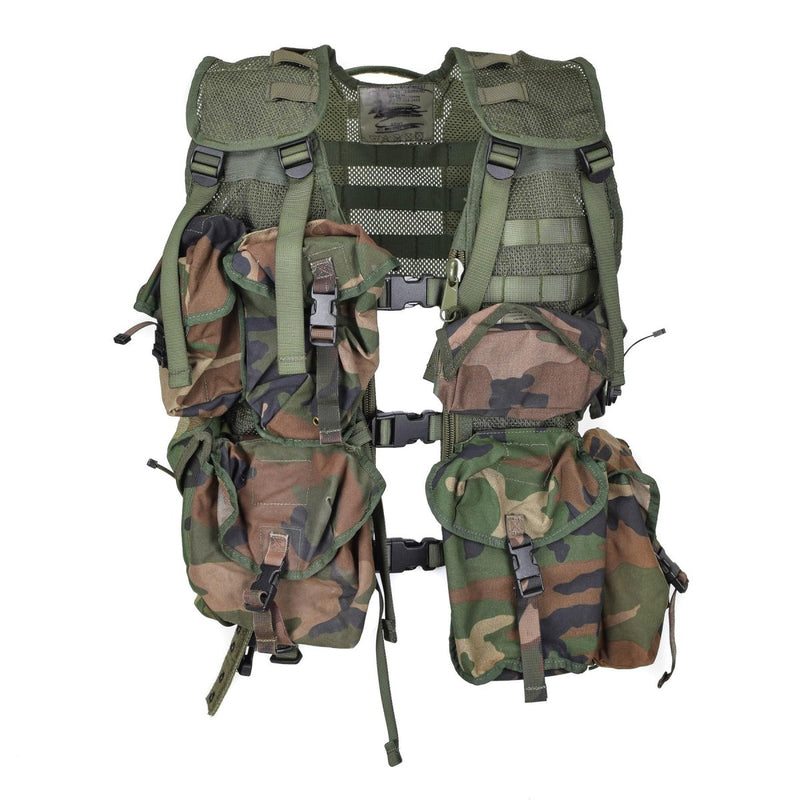 Dutch military tactical vest with 7-piece modular forest camo MOLLE pouches for customizable loadout and durability.