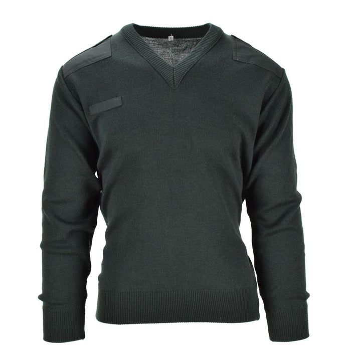 Donkergroene Commando pullover trui van het Nederlandse leger met V-hals en verstevigde schouder- en elleboogstukken.