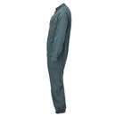 Side view of genuine French Air Force olive green double zip mechanic coverall jumpsuit with elbow patch and elasticated cuffs