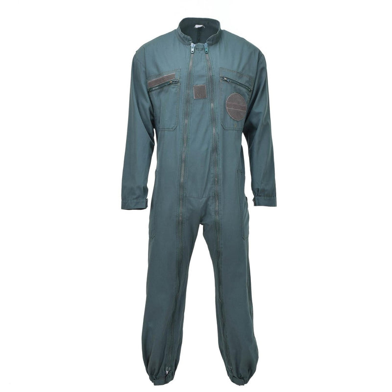 Genuine French Air Force olive green mechanic jumpsuit with double zipper, pockets, and elasticated cuffs and waist.