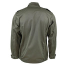 Back view of genuine French army F2 combat jacket in olive green with adjustable cuffs and shoulder epaulettes