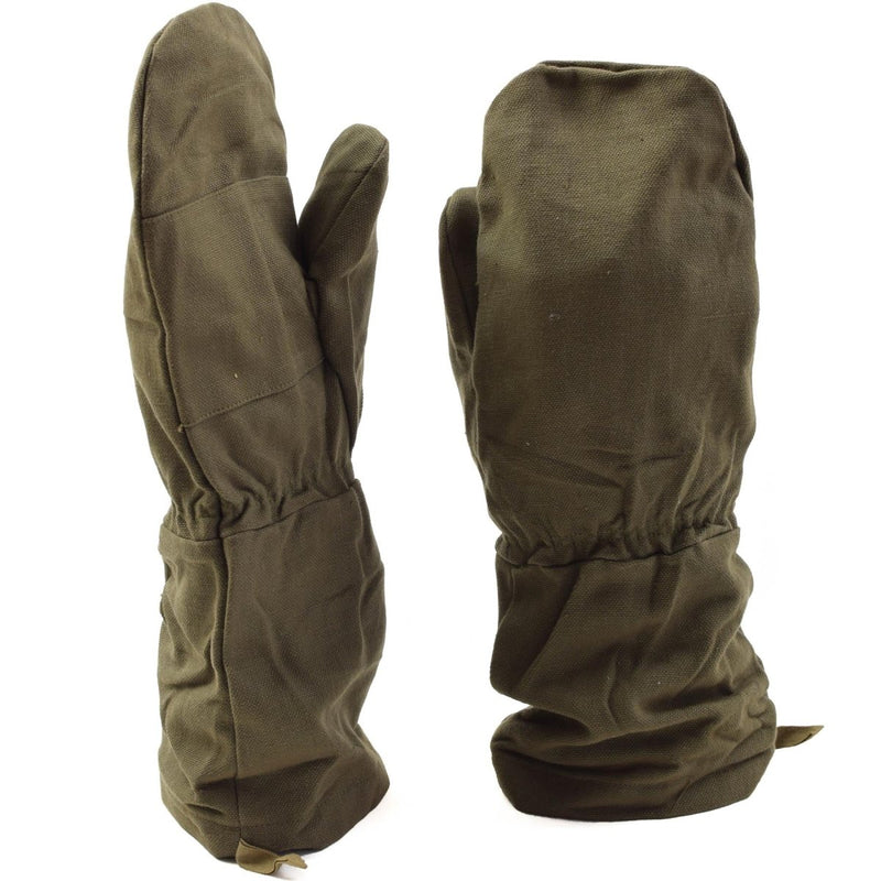 Genuine French army olive cotton mittens designed for durable winter workwear and harsh cold conditions.