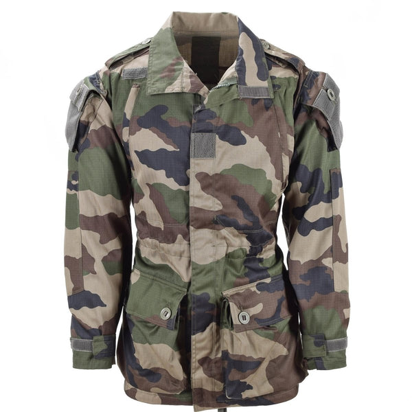 Authentic French army parka T4 combat jacket with CCE camo, multiple pockets, durable cotton blend for tropical weather.