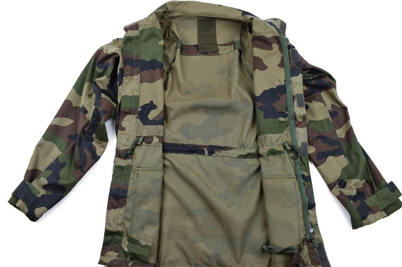 French army parka T4 combat jacket in CCE camo, durable cotton blend with multiple pockets and adjustable waist.