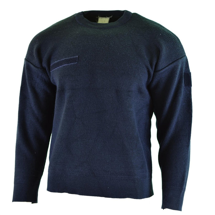 Authentieke Franse legerblauwe commandotrui met ronde hals, lichtgewicht en duurzame militaire trui met klittenbandpatches.