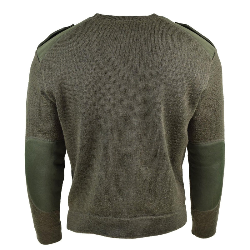 Back view of genuine French army olive commando jumper with reinforced elbows and shoulders, wool blend material.