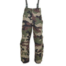 French army waterproof trilaminate rain pants with CCE camo, adjustable braces, front zipper, and button closure
