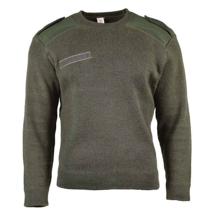 Olijfgroene echte Franse legertrui met versterkte schouders en ellebogen, ronde hals, duurzame militaire trui.