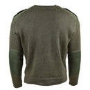 Back view of Genuine French Army olive green wool sweater with reinforced elbows and shoulders, round neck military pullover.