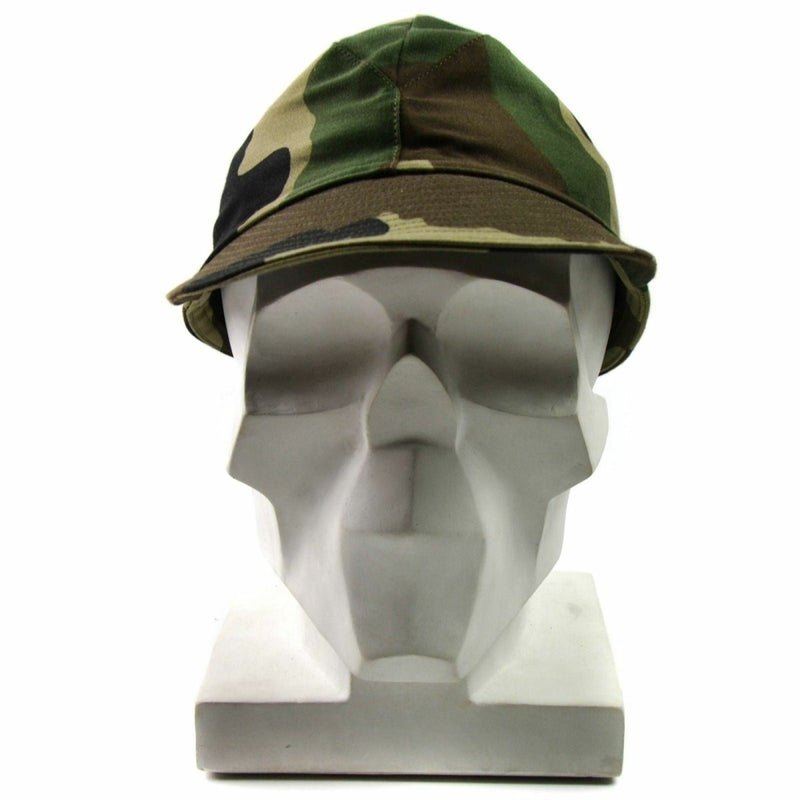 Vintage French army F1 combat field cap in CCE camouflage pattern displayed on a white mannequin head.
