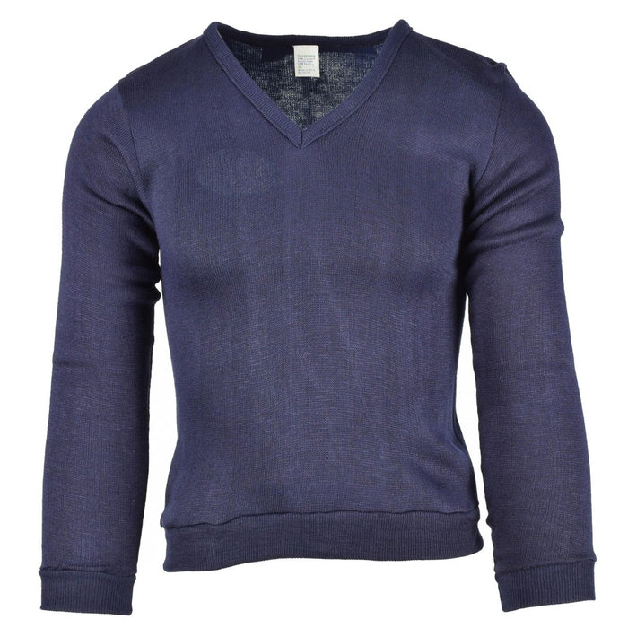 Echt blauw jersey sweatshirt met V-hals van de Franse Militaire School, gemaakt van lichtgewicht ademende katoenen stof.