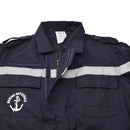 Genuine French navy coverall jumpsuit in dark blue with reflective bands and Marine Nationale anchor emblem.