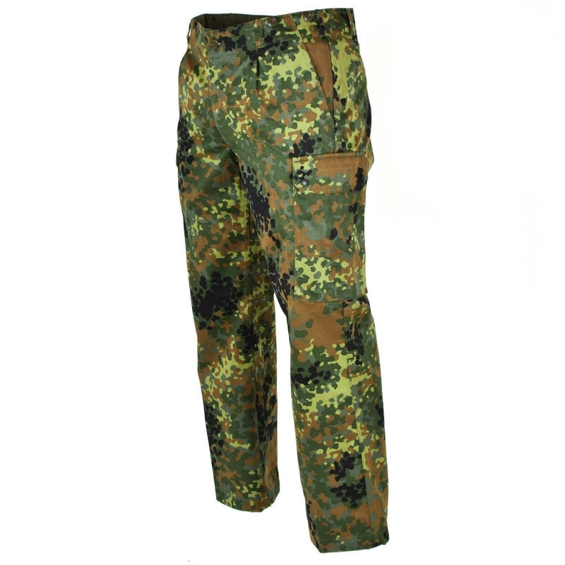 German army Flecktarn camouflage field pants with multiple pockets and durable fabric for tactical use.