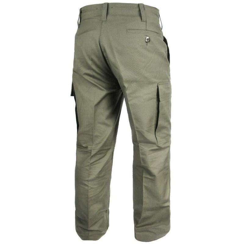 Back view of genuine German Army issue olive moleskin field combat pants with side cargo and back pockets.