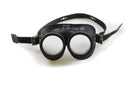 Vintage genuine German army black protection goggles with adjustable strap, military surplus style, new condition isolated on white background