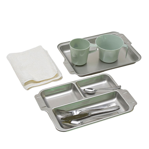 Complete German military camping utensil set with stainless steel trays, plastic cups, cutlery, and a cotton cloth towel.
