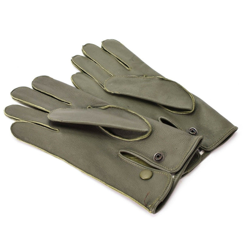 Pair of genuine German police issue olive leather patrol gloves with snap-button wrist closures for secure fit