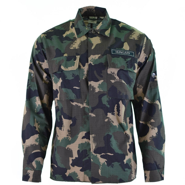 Genuine Hungarian Army M90 camo shirt with four-color camouflage, long sleeves, ripstop fabric, new military design.