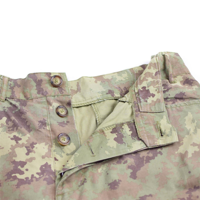 Close-up of genuine Italian Army ripstop desert Vegetato camo cargo pants with button fly and reinforced waistband