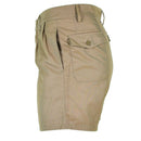 Side view of genuine Italian khaki military army shorts with buttoned back pocket and belt loops.