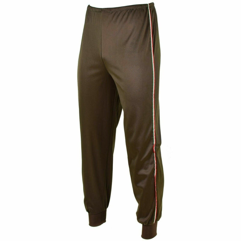 Vintage brown Italian Army training tracksuit pants with red, white, and green side stripe and elastic cuffs
