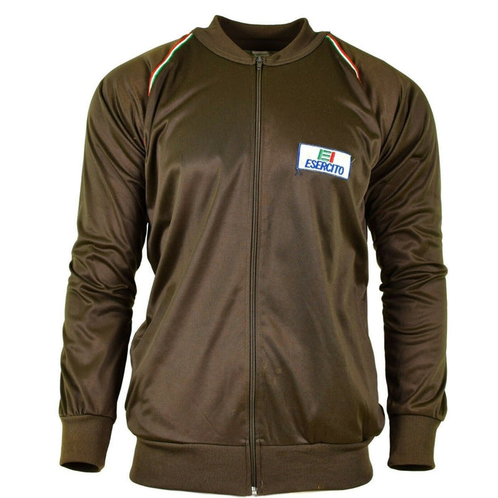 Echt bruin trainingsjack van Italiaans leger met volledige ritssluiting, elastische manchetten en militaire patch op de borst.