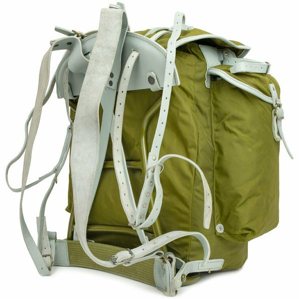Vintage Norwegian military backpack with metal frame, durable canvas and leather straps, designed for rugged outdoor use