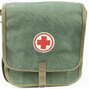 Vintage Polish army medic first aid shoulder bag in heavy-duty canvas with red cross symbol on front flap closure