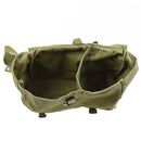 Open genuine Romanian army olive canvas bread bag showing spacious interior with two compartments and buckle details