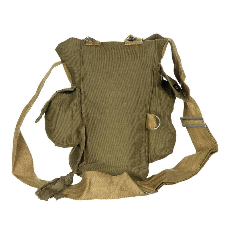 Vintage Soviet Russian Army surplus canvas gas mask bag with adjustable shoulder strap and multiple storage compartments.