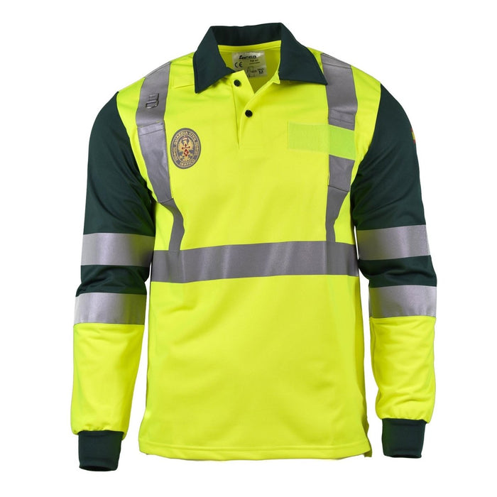Echt geel poloshirt met lange mouwen van de Spaanse Burgerwacht en reflecterende strips voor hoge zichtbaarheid en veiligheid.