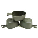 Three genuine Swedish army plastic mugs stacked, designed for durable outdoor use and hot beverages.