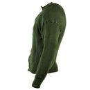 Side view of a genuine Swedish military green wool sweater with a full zip, classic vintage design.
