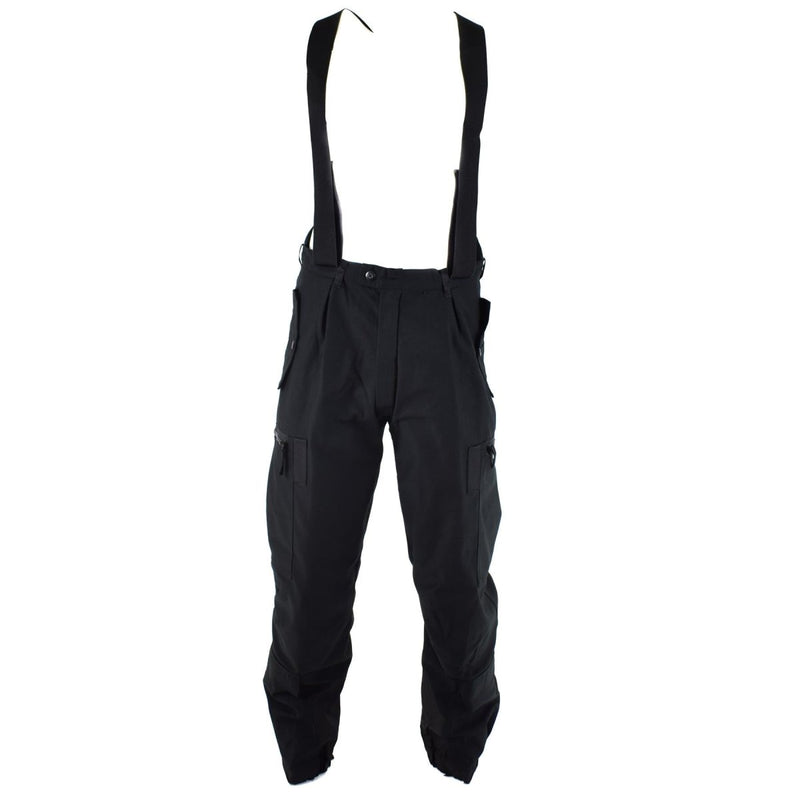 Black Swedish M90 thermal tanker pants with braces, six pockets, water-resistant, windproof, and durable military trousers.