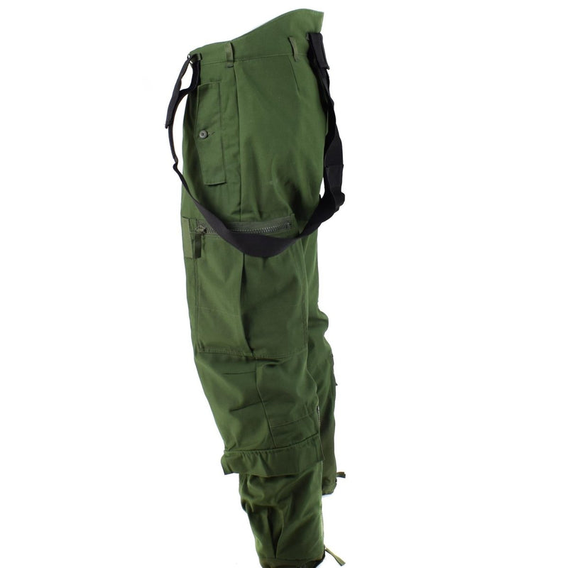 Olive green Swedish military thermal tanker pants with adjustable braces, designed for extreme cold weather protection.