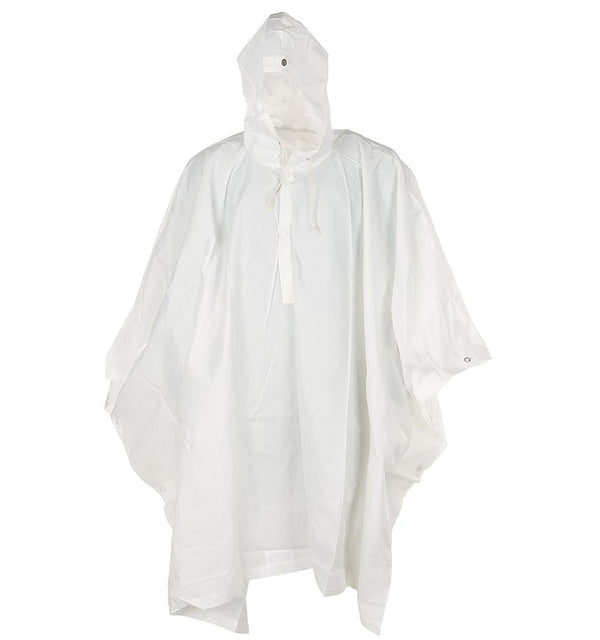 Genuine Swiss Army white winter camouflage poncho with hood, waterproof material, button closures, and adjustable fit.